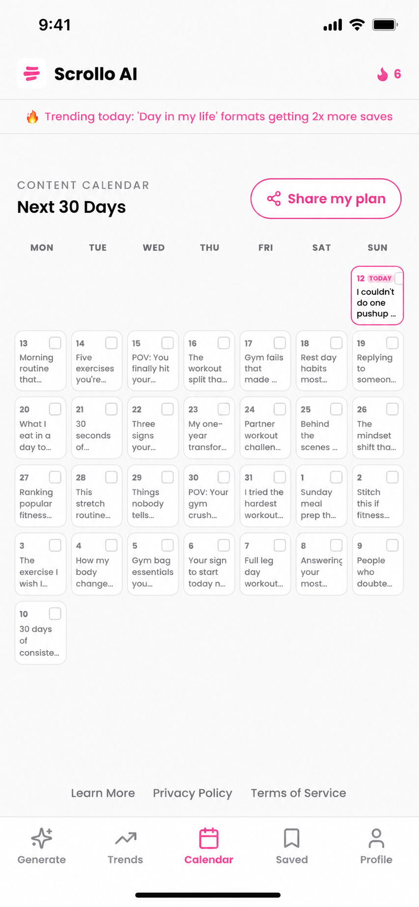 Scrollo AI 30-day content calendar