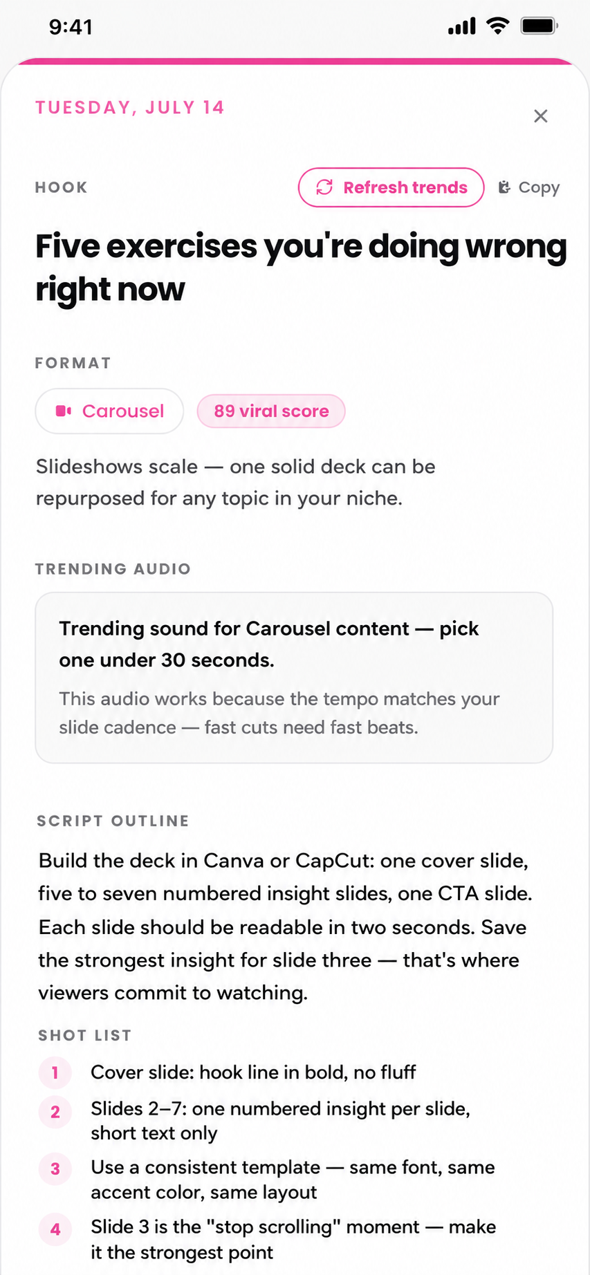 Scrollo AI video detail with hook, script outline and shot list