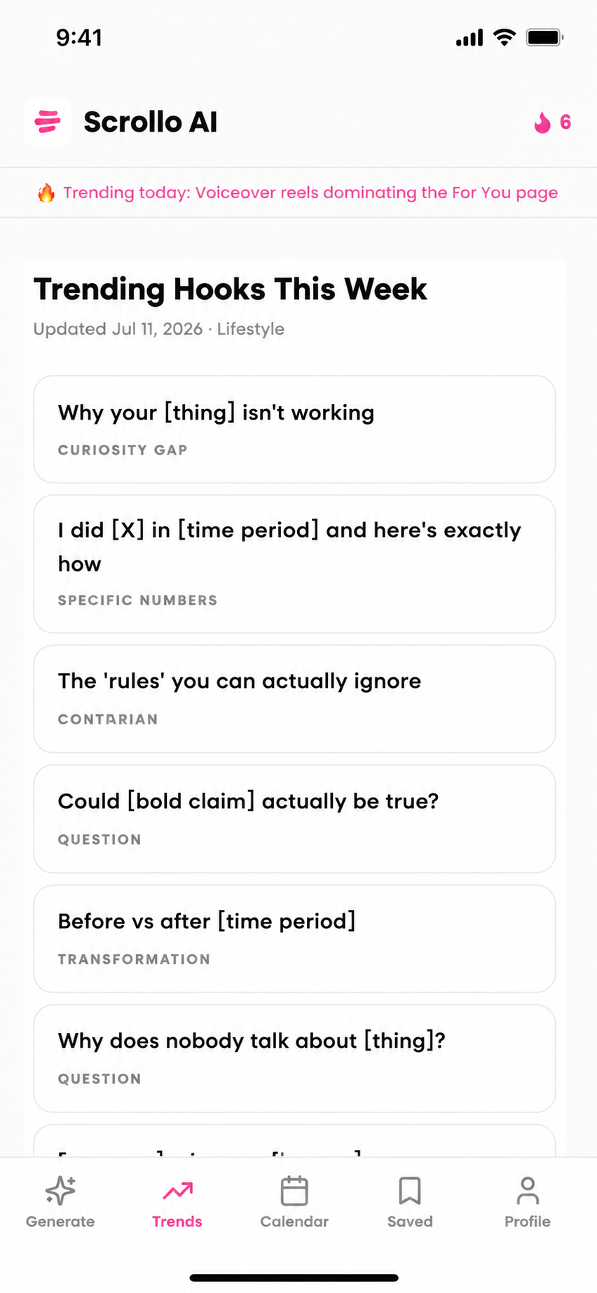 Scrollo AI weekly trending sounds and hooks